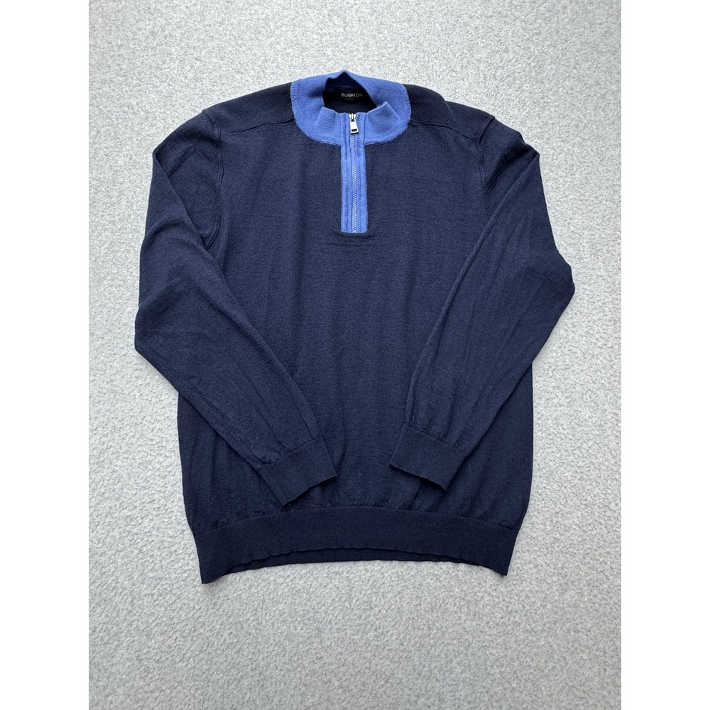 Bugatchi‎ Sweater Mens Medium Navy Blue Quarter Zip Merino Wool Pullover Turkey